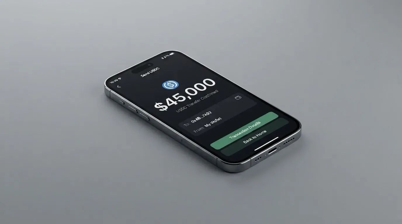 A phone showing a stablecoin transfer screen