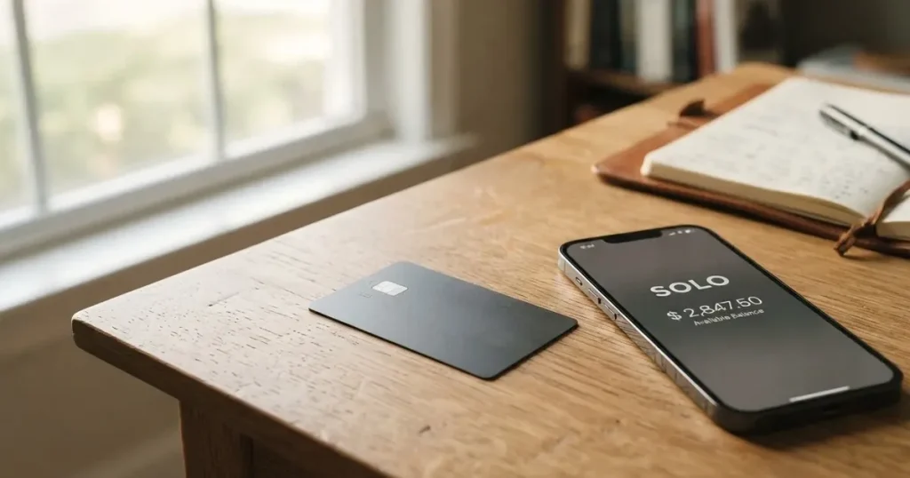 A payment card next to a phone with a crypto wallet app open