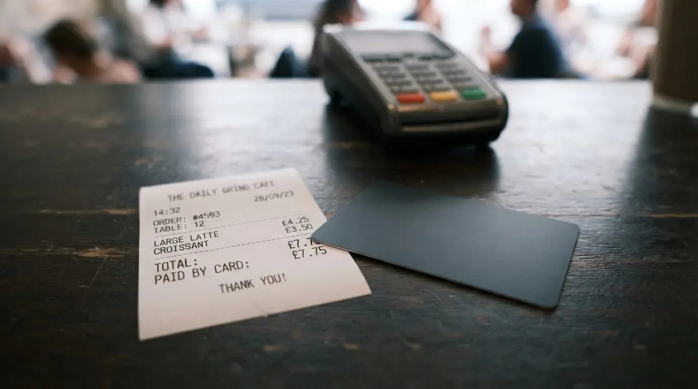 A receipt and a card on a café table