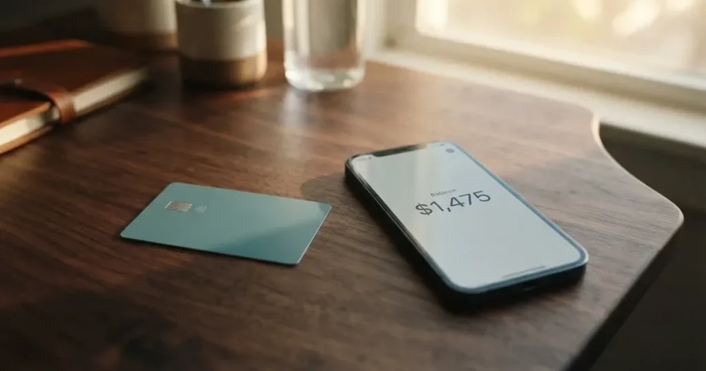 A payment card next to a phone with a crypto wallet app open