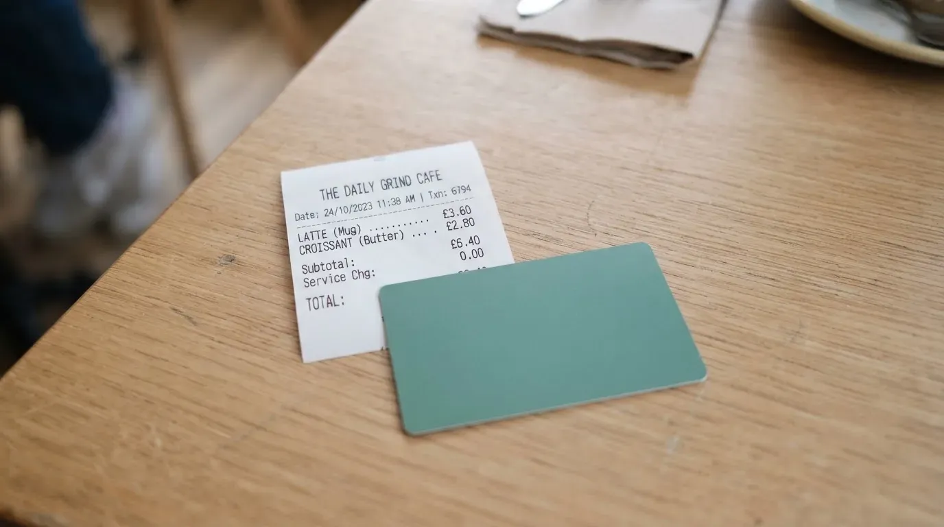 A receipt and a card on a café table