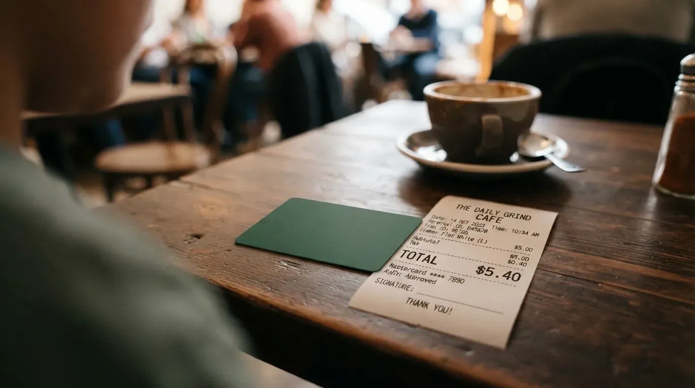 A receipt and a card on a café table