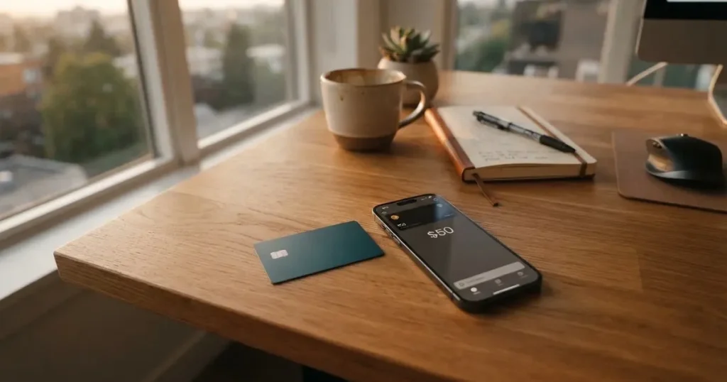 A payment card next to a phone with a crypto wallet app open