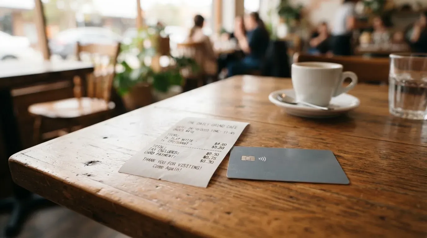 A receipt and a card on a café table
