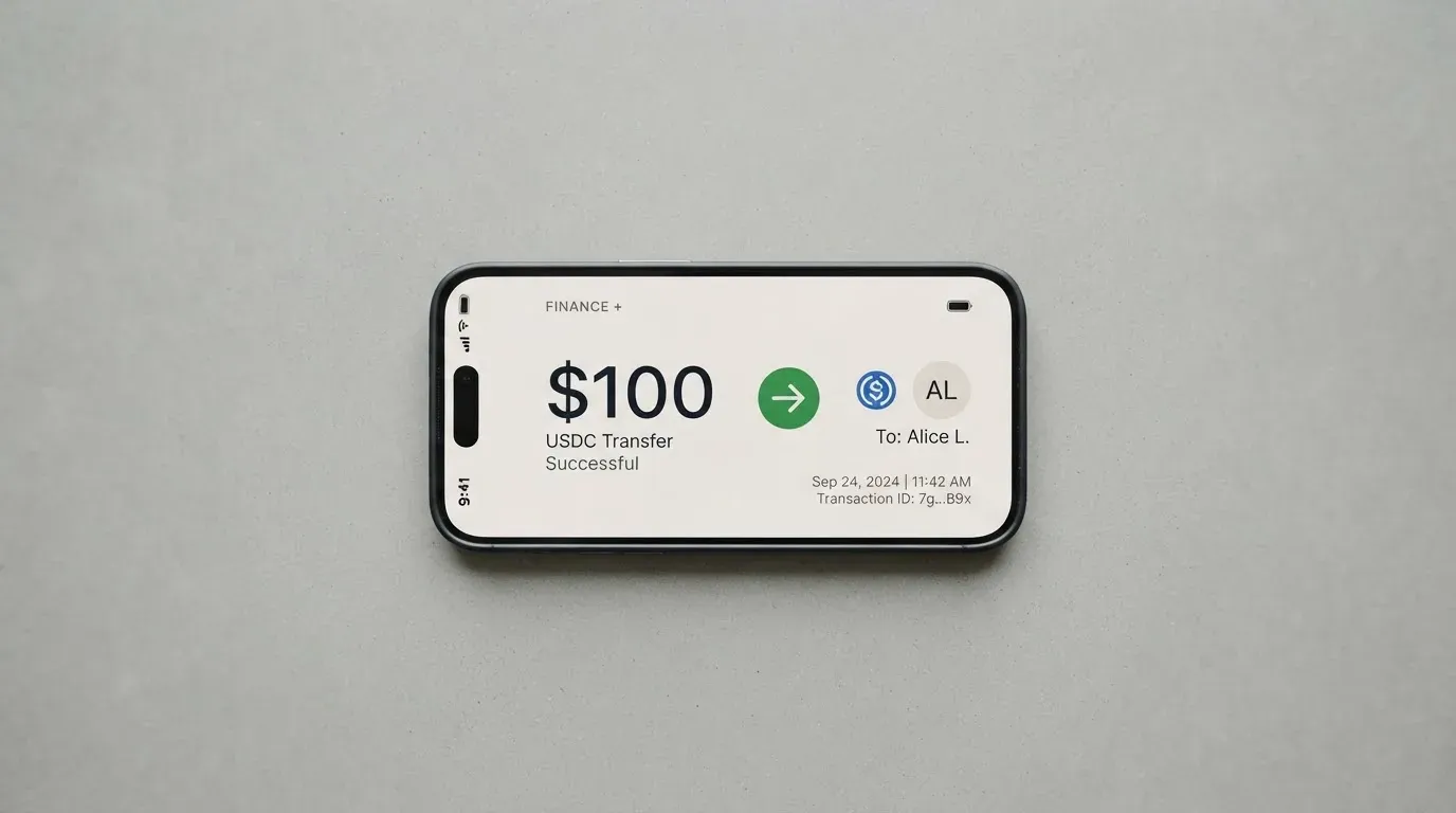 A phone showing a stablecoin transfer screen