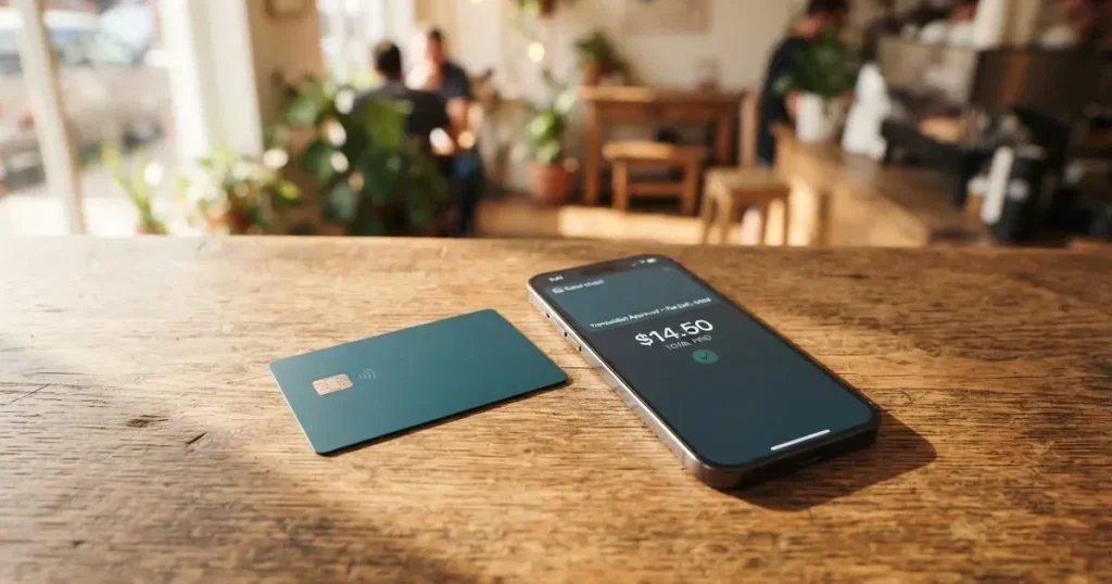A payment card next to a phone with a crypto wallet app open