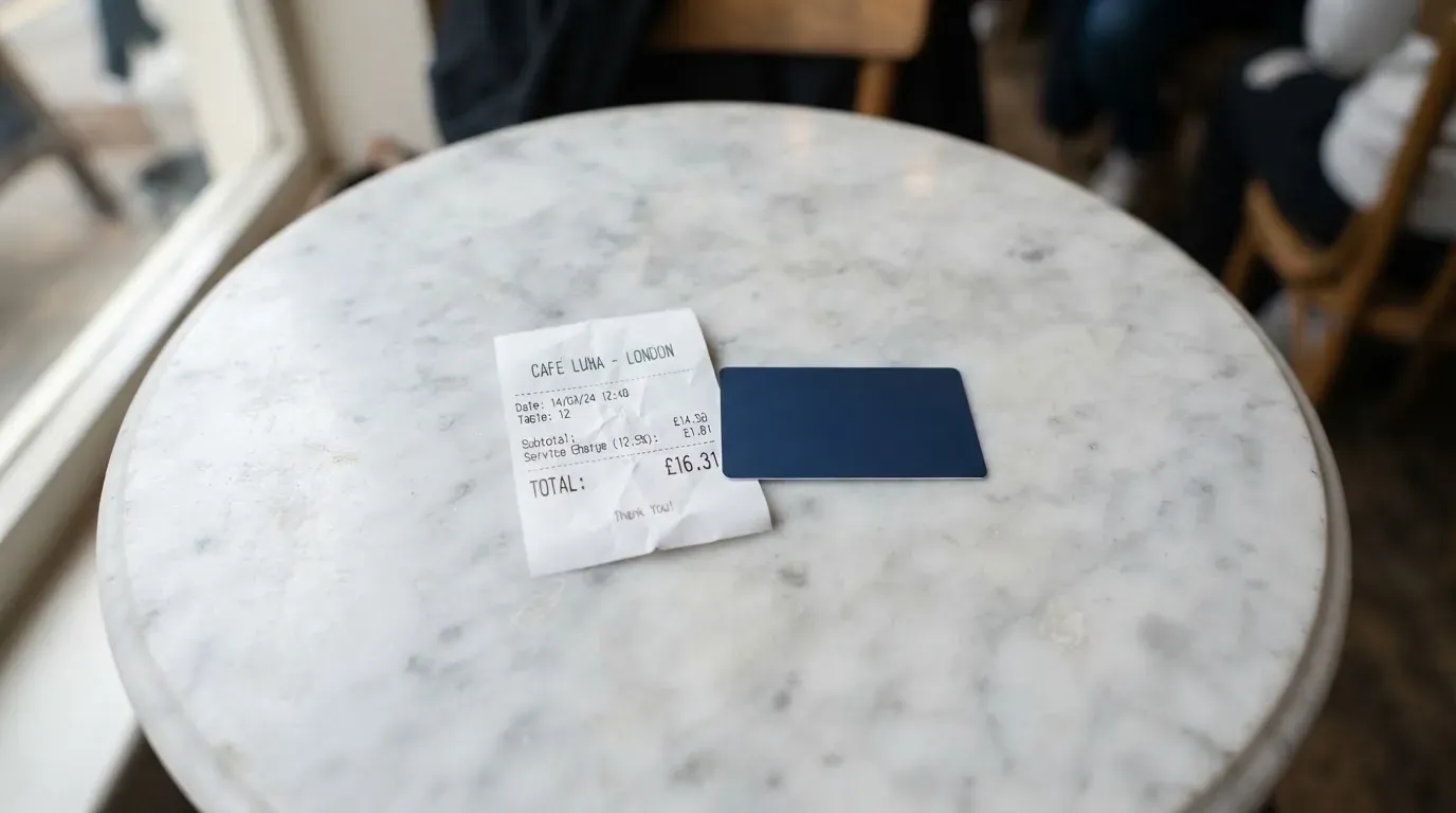 A receipt and a card on a café table