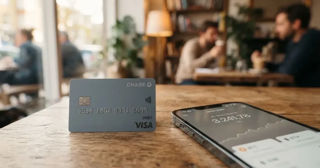 A payment card next to a phone with a crypto wallet app open