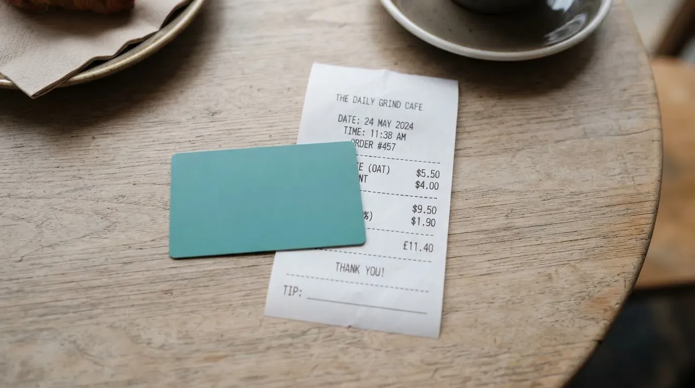 A receipt and a card on a café table