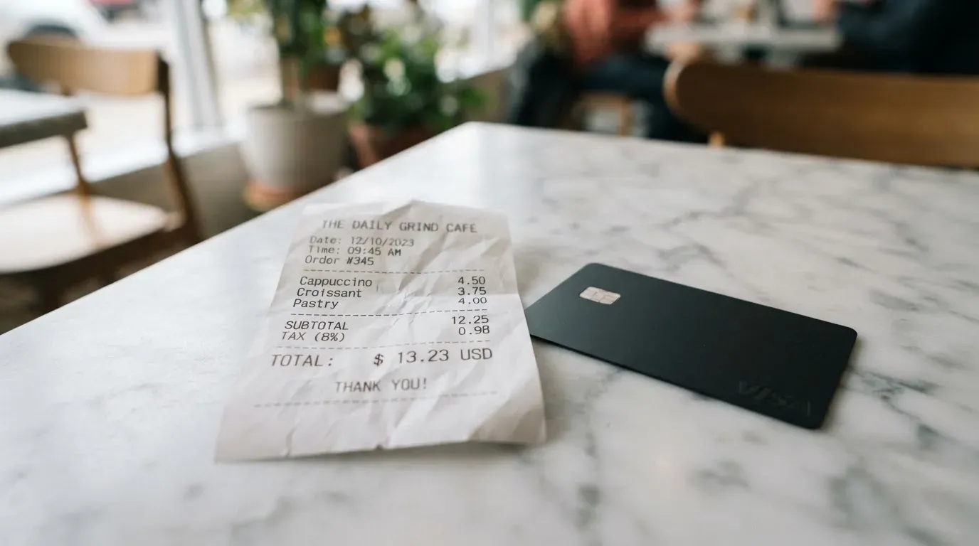 A receipt and a card on a café table