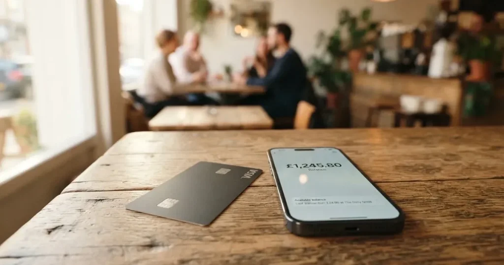 A payment card next to a phone with a crypto wallet app open