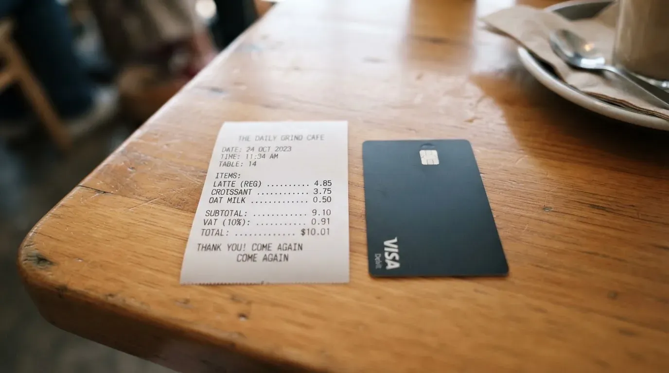 A receipt and a card on a café table