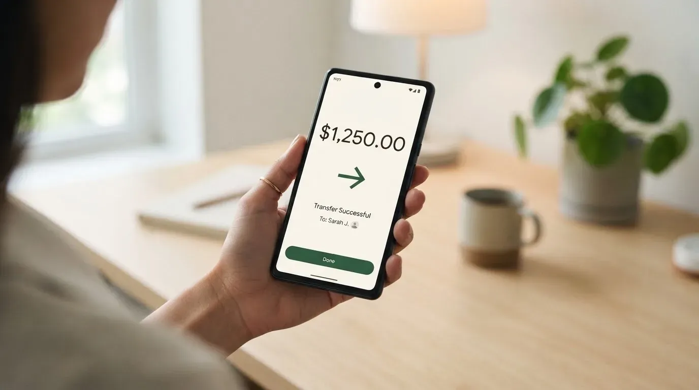 A phone showing a stablecoin transfer screen