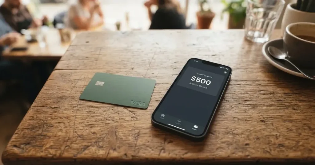 A payment card next to a phone with a crypto wallet app open