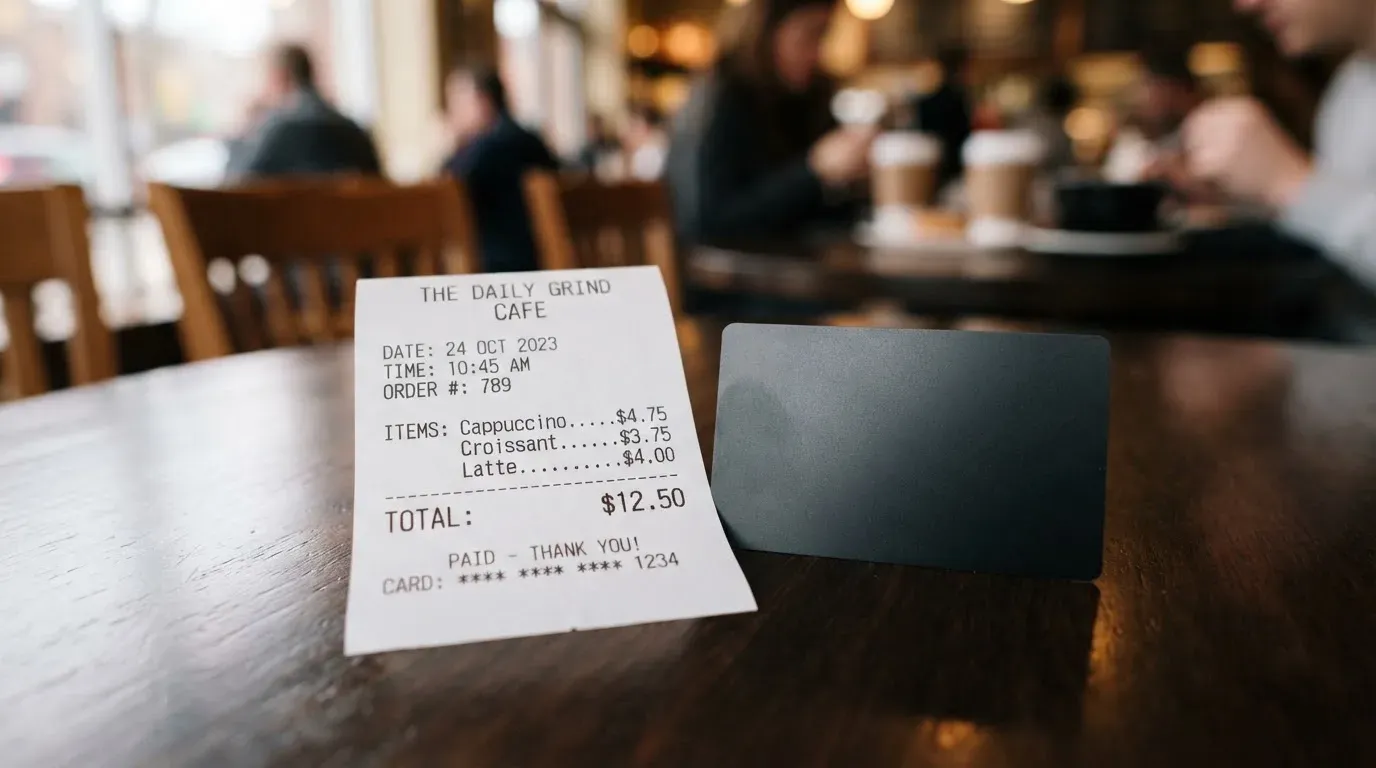 A receipt and a card on a café table