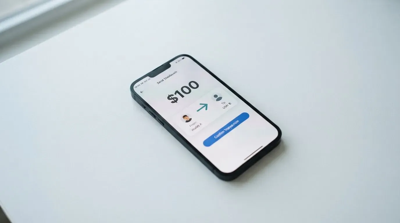 A phone showing a stablecoin transfer screen