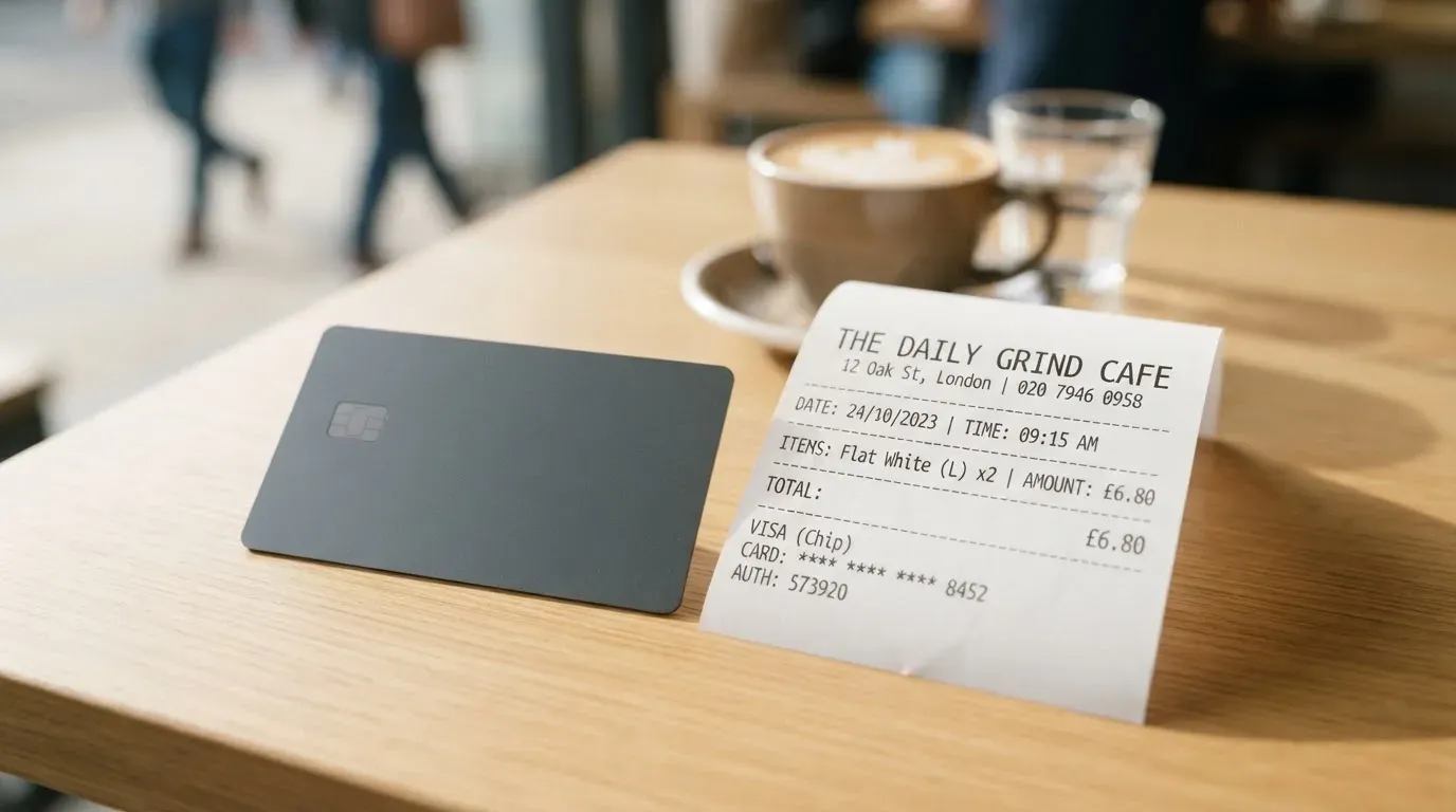 A receipt and a card on a café table