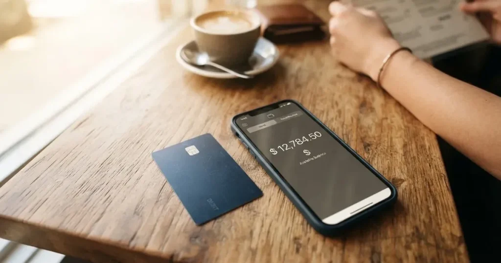 A payment card next to a phone with a crypto wallet app open