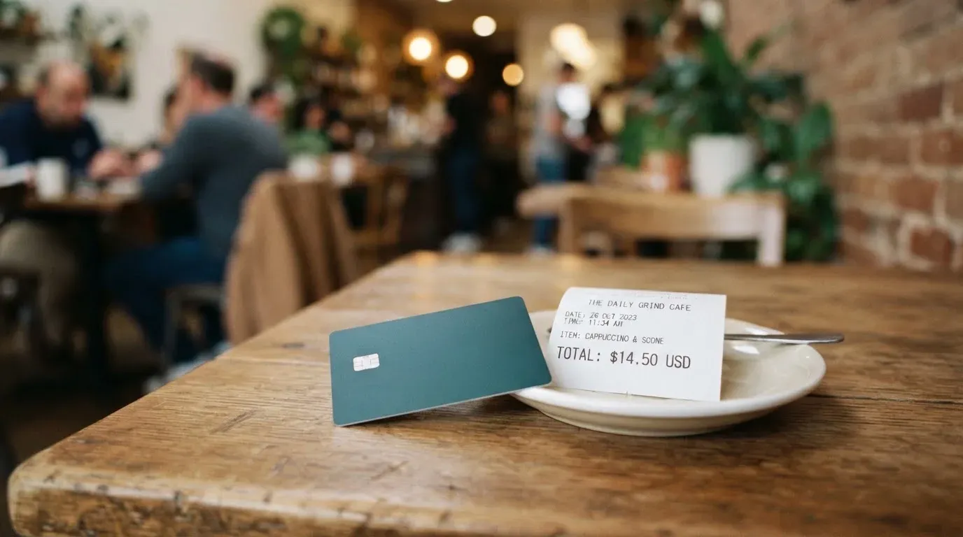 A receipt and a card on a café table
