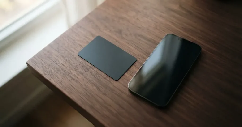 A payment card next to a phone with a crypto wallet app open