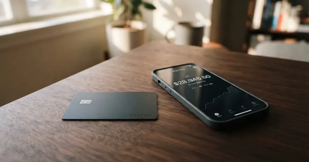 A payment card next to a phone with a crypto wallet app open