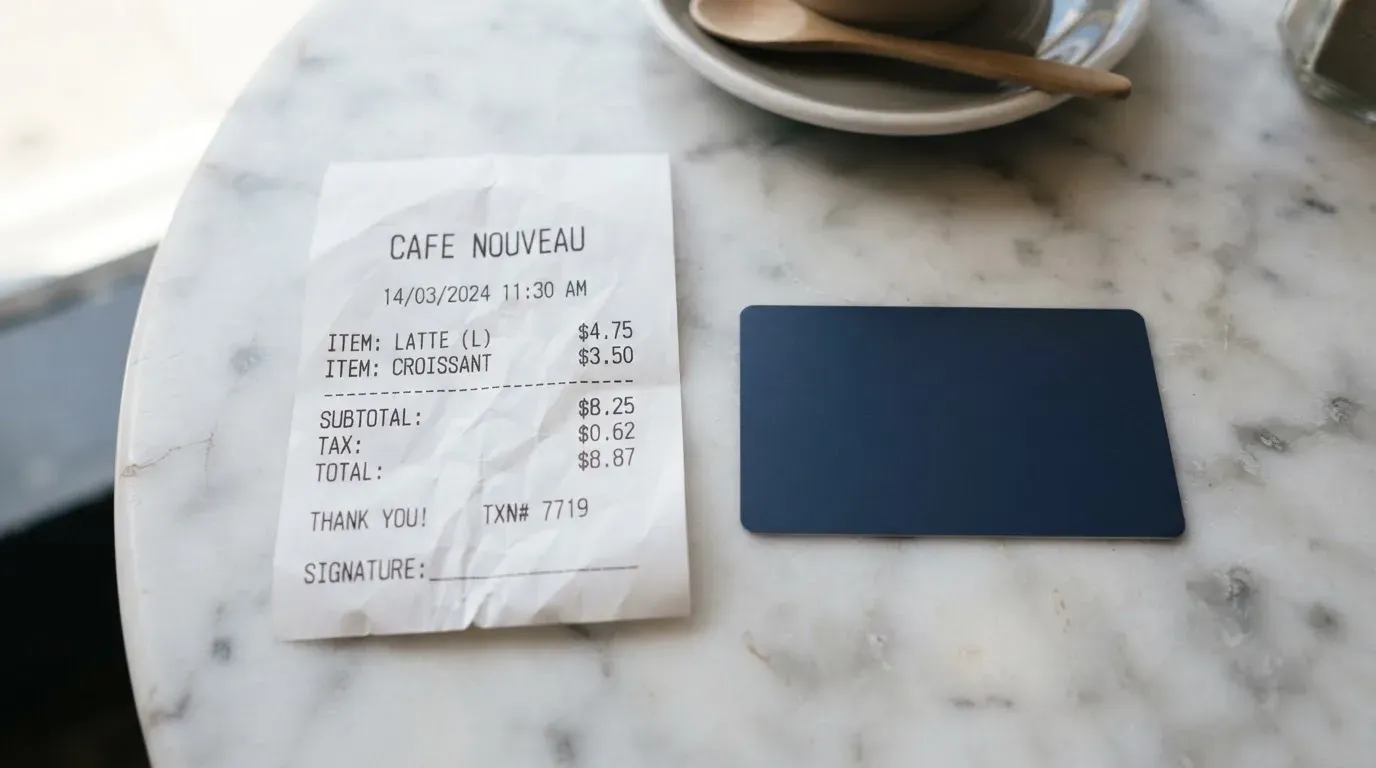 A receipt and a card on a café table