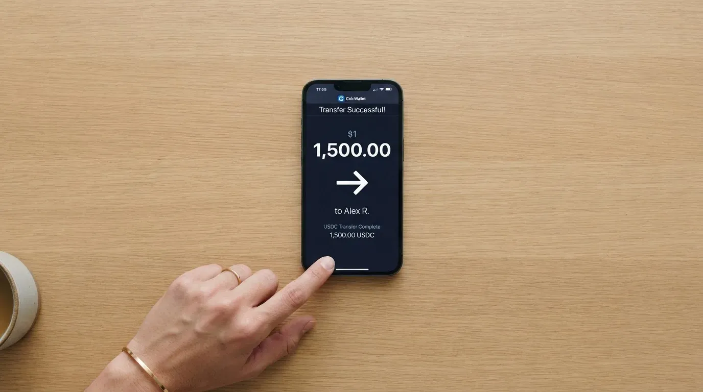 A phone showing a stablecoin transfer screen