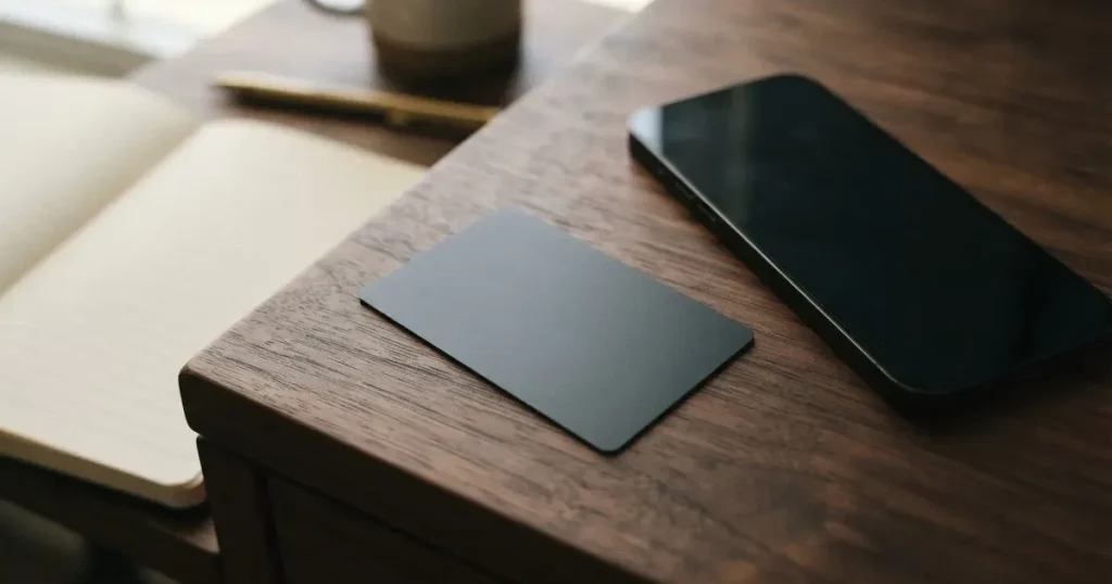 A payment card next to a phone with a crypto wallet app open