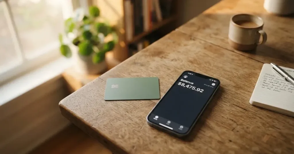 A payment card next to a phone with a crypto wallet app open