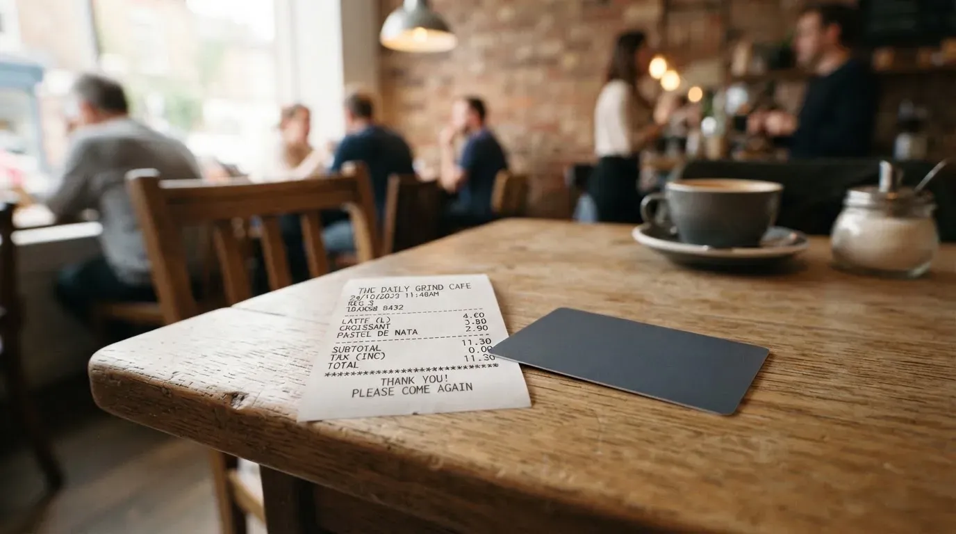 A receipt and a card on a café table