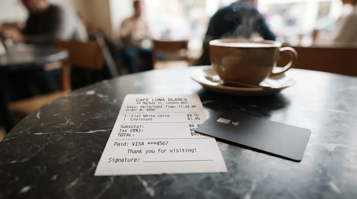 A receipt and a card on a café table