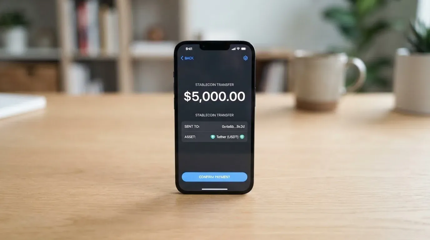 A phone showing a stablecoin transfer screen