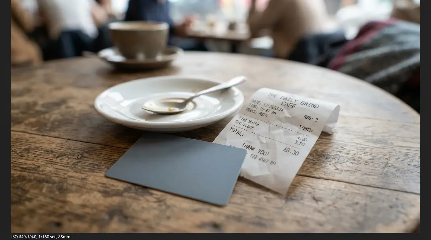 A receipt and a card on a café table