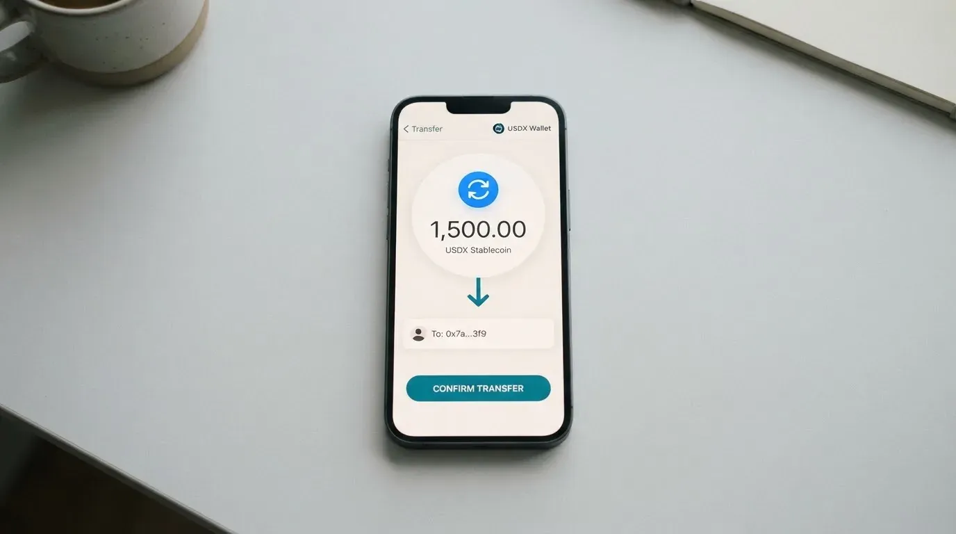A phone showing a stablecoin transfer screen