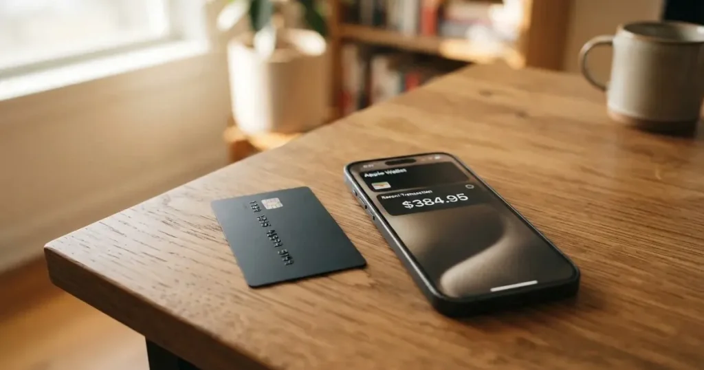 A payment card next to a phone with a crypto wallet app open