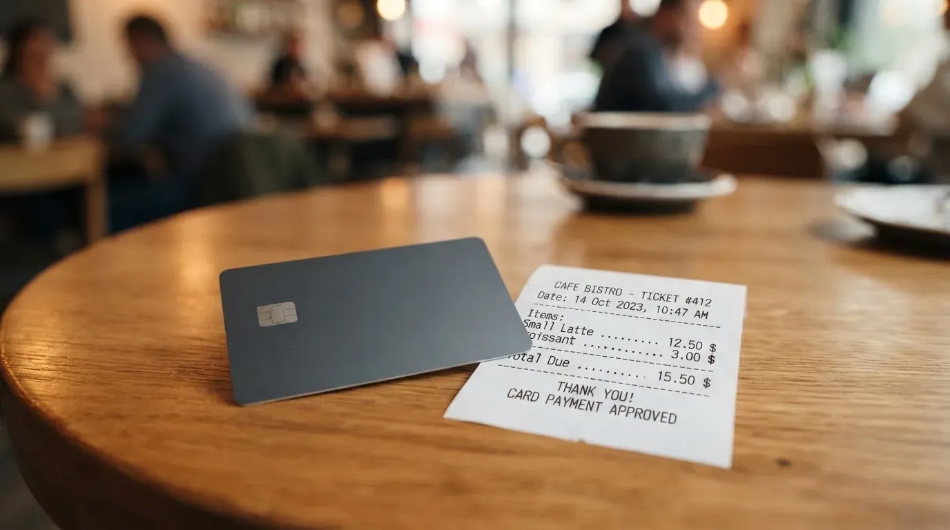 A receipt and a card on a café table