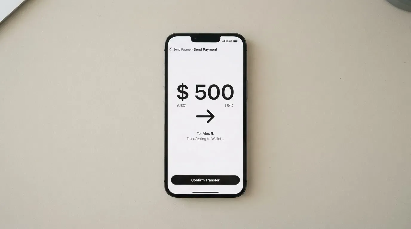 A phone showing a stablecoin transfer screen