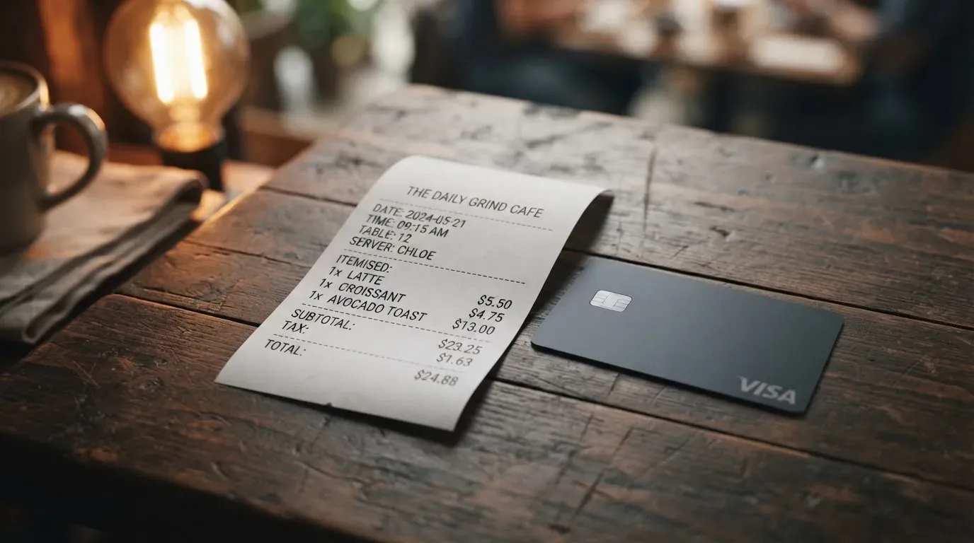 A receipt and a card on a café table