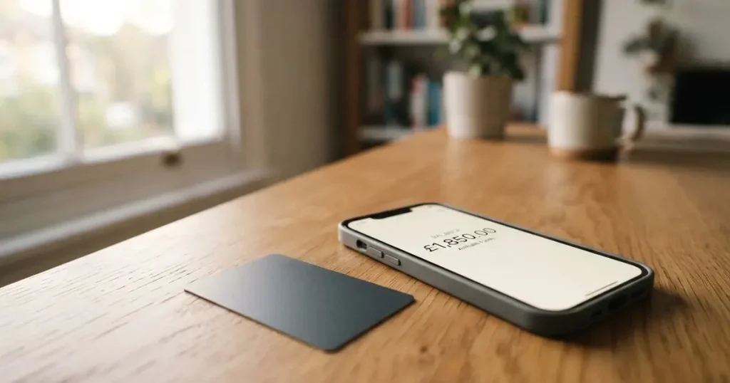 A payment card next to a phone with a crypto wallet app open