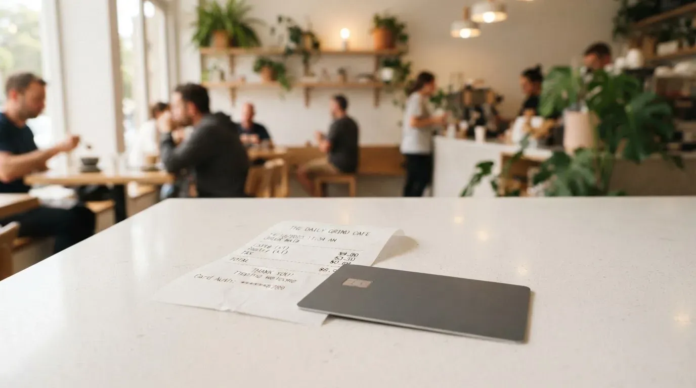 A receipt and a card on a café table