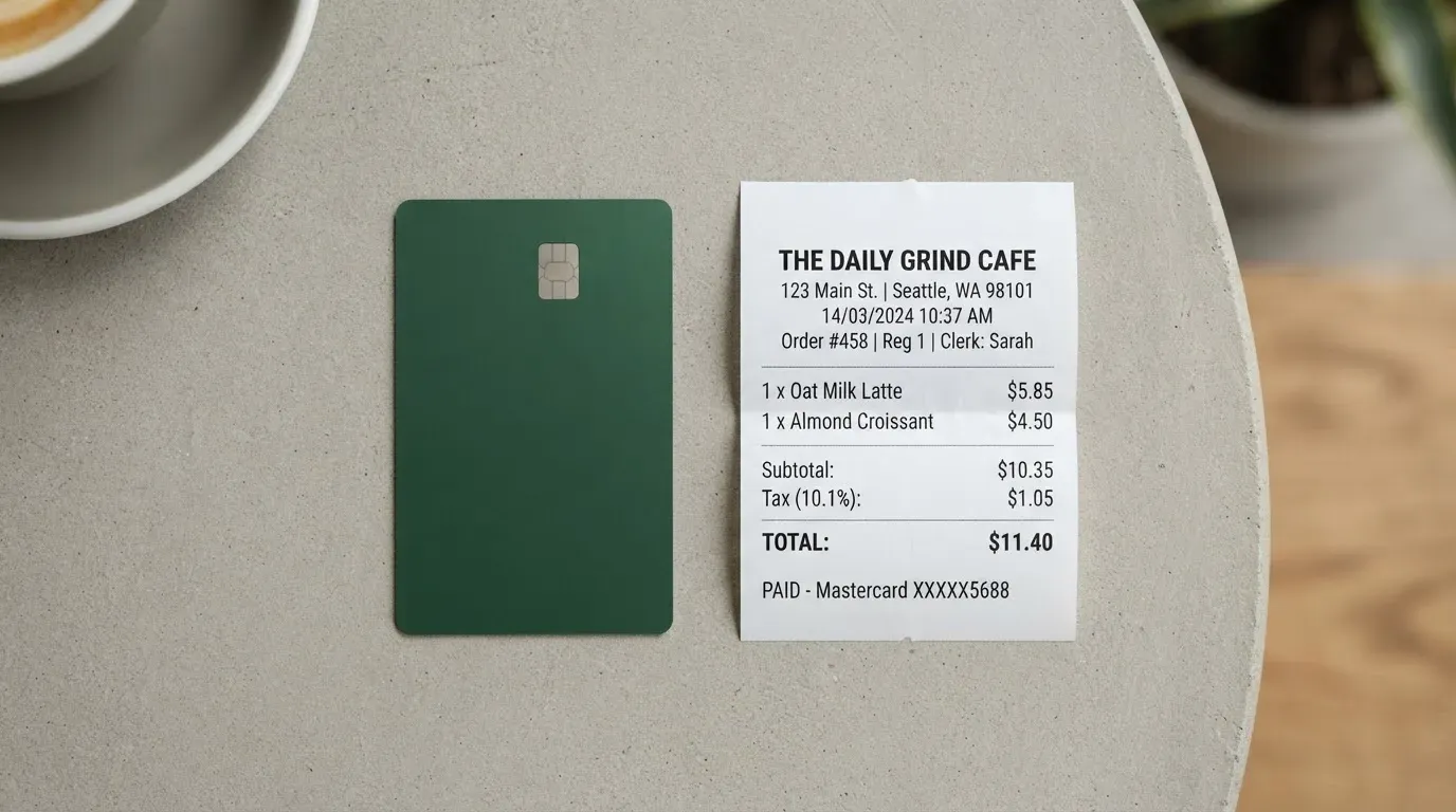 A receipt and a card on a café table