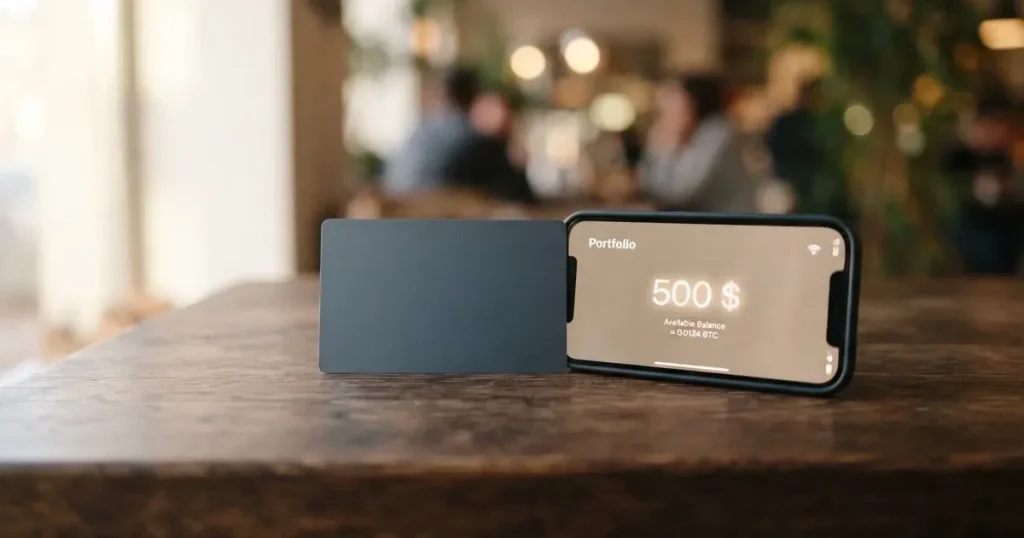 A payment card next to a phone with a crypto wallet app open