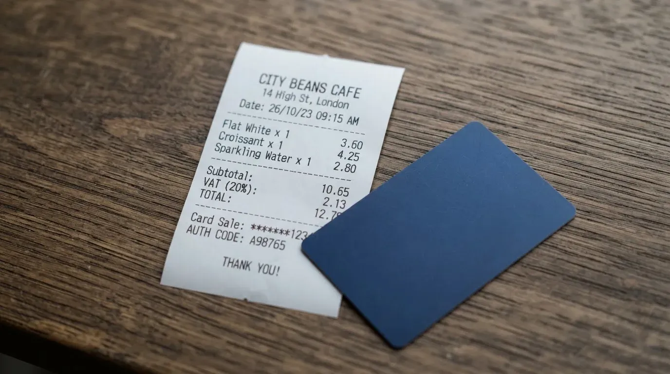 A receipt and a card on a café table