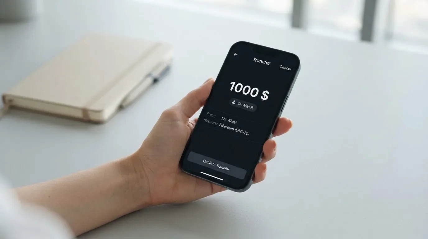 A phone showing a stablecoin transfer screen