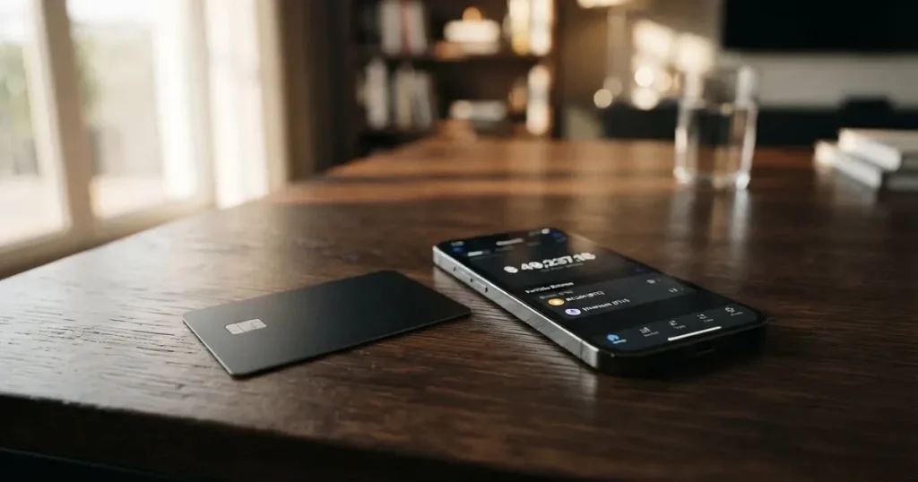 A payment card next to a phone with a crypto wallet app open