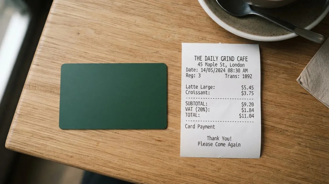 A receipt and a card on a café table