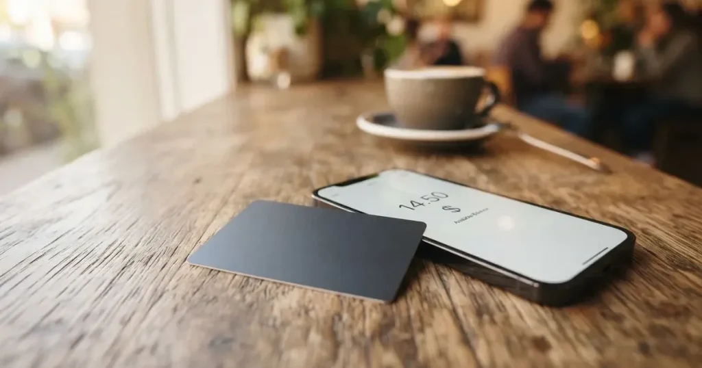 A payment card next to a phone with a crypto wallet app open