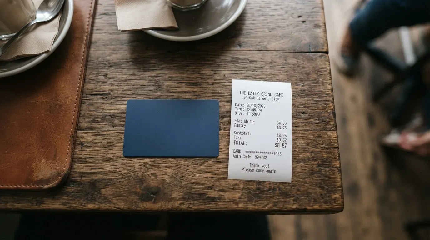 A receipt and a card on a café table