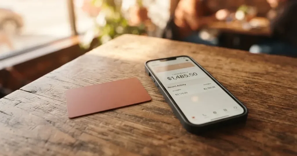 A payment card next to a phone with a crypto wallet app open