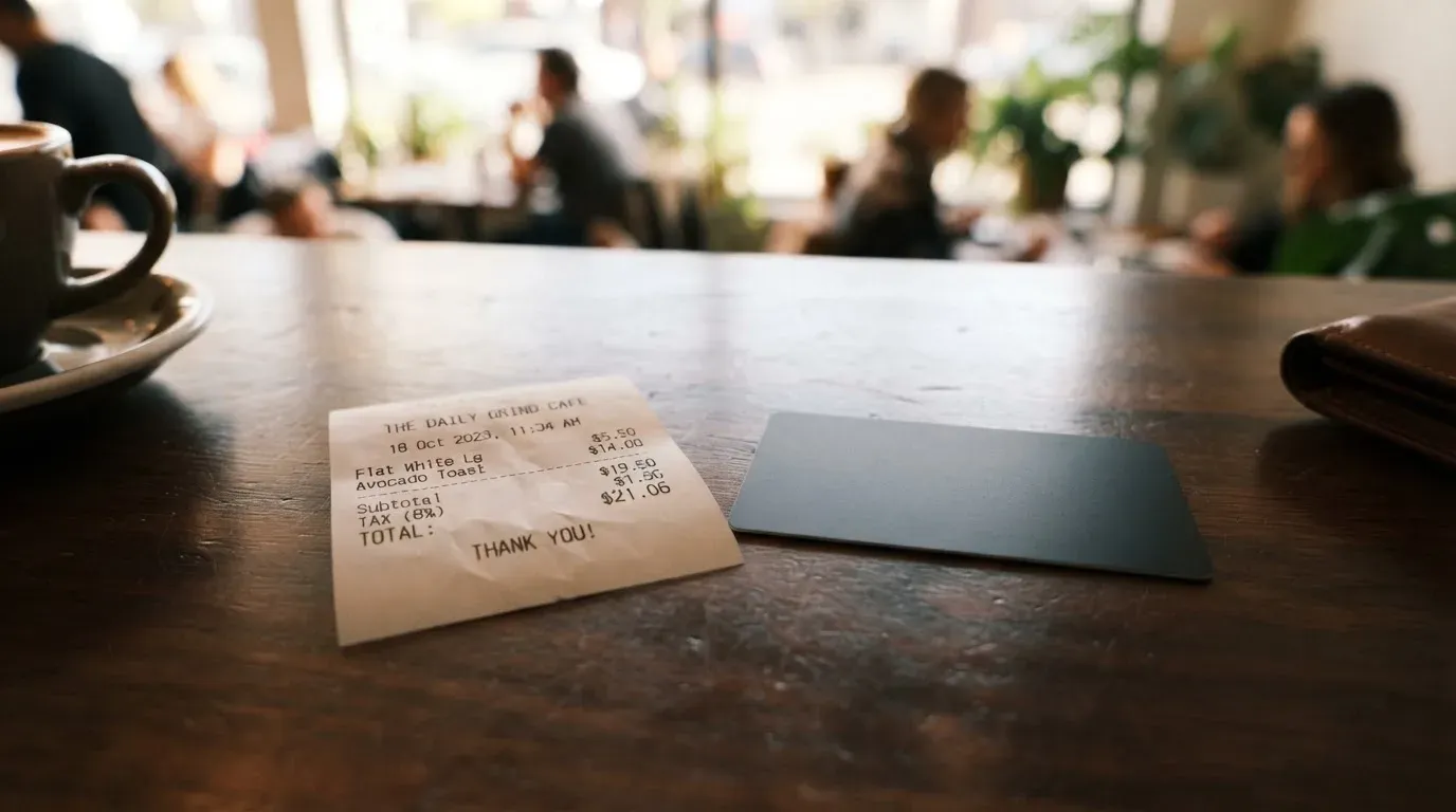 A receipt and a card on a café table